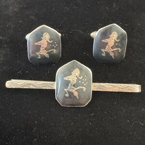 Vintage Set of Siam Sterling Silver & Enameled Tie Bar  & Cuff Link- 14.79g